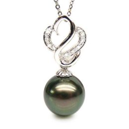 Ciondolo Cigno Antigone - Oro Bianco, Diamanti e Perla Tahiti