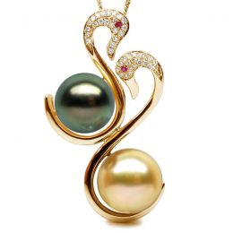 Ciondolo Cygnes - Oro Giallo, Perla di Tahiti, Mari del Sud