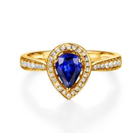 Anello Solitario Composto Jaffna - Oro Giallo, Diamanti & Zaffiro Pera