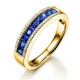 Anello Luce Blu - Oro Giallo, Riviera di Zaffiri Princess a Binario & Diamanti