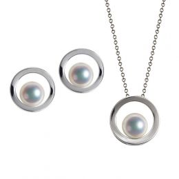 Ciondolo e Orecchini Himiko. Perle Akoya, Oro bianco, diamanti.