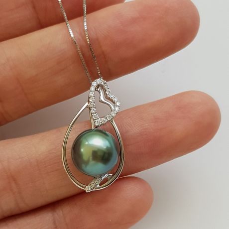 Ciondolo Forma Cuore - Oro Bianco, Diamanti e Perla Tahiti