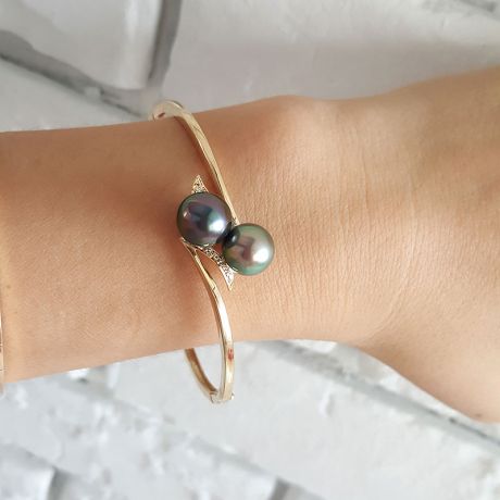 Braccialetto Giunco Morane - Oro Giallo, Perle di Tahiti Nere