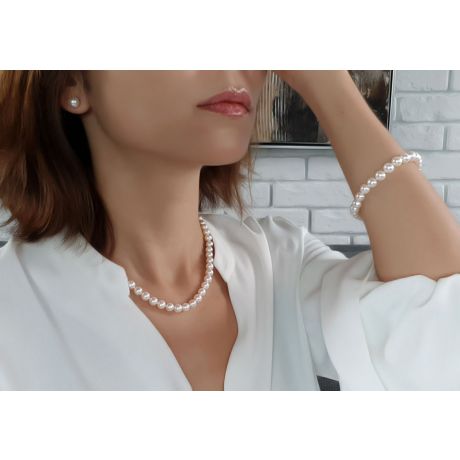 Parure Perle Bianche Sensuelle - Collana, Orecchini e Braccialetto - Oro Giallo