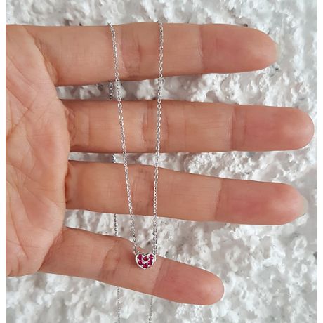 Collana Ciondolo Cuoricino - Oro Bianco & Rubini Birmani