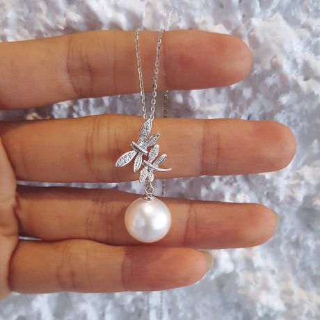 Ciondolo libellule oro bianco - Perla d’Australia bianca - 11/12mm