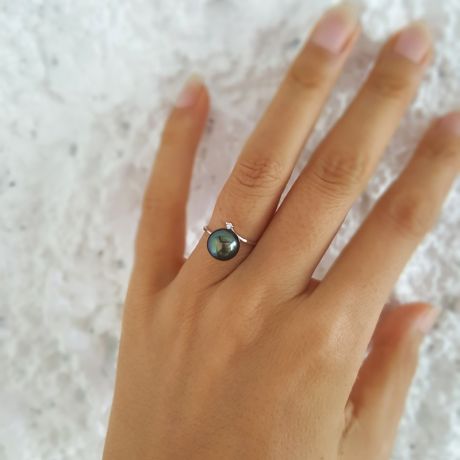 Anello Îles Gambier - Oro Bianco, Diamante e Perla di Tahiti