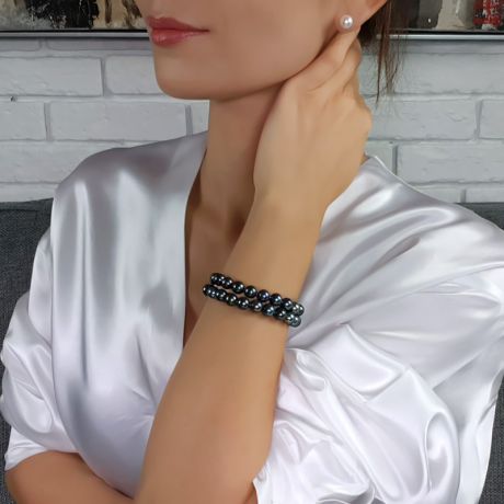 Braccialetto A Due Fili Cavazza  - Perle d'Acqua Dolce Nere - 7/7.5mm, AAA