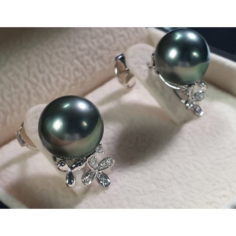 Orecchini A Lobo Anabella - Fiori Oro Bianco, Diamanti & Perle di Tahiti