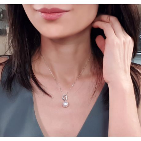 Ciondolo O My God - Oro Bianco, Diamanti e Perla di Fiume