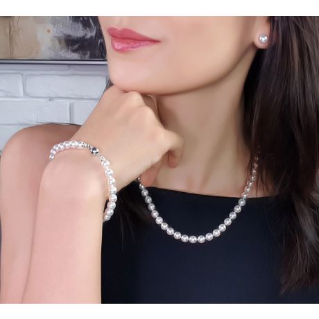 Parure di Perle Akoya Bianche Elisir D'Amore 6.5/7.5mm -  Collana e Orecchini A Lobo