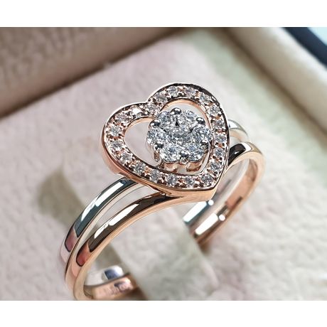 Anello doppio - Oro rosa e bianco 18ct - Diamanti incastonati - Cuore rosa