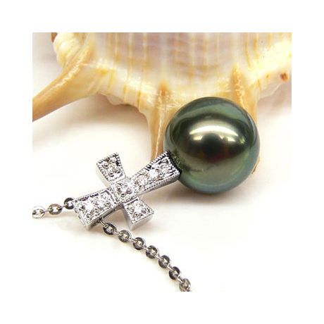 Ciondolo Croce Apophis - Oro Bianco & Perla di Tahiti Nera