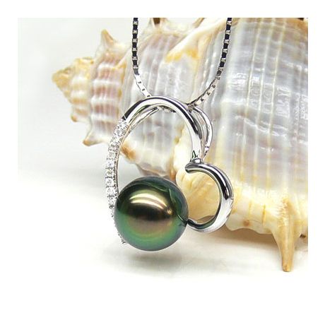 Ciondolo Cuore Hog - Oro Bianco & Perla di Tahiti Nera