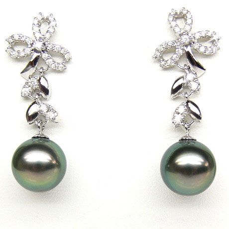 Orecchini Pendenti Florale - Perle di Tahiti Nere, Diamanti, Oro Bianco