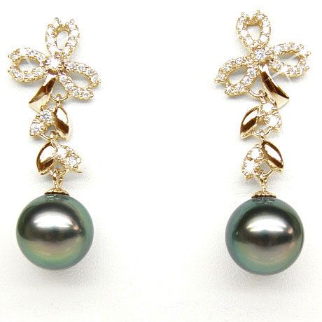 Orecchini Pendenti Florale - Perle di Tahiti Nere, Diamanti, Oro Giallo
