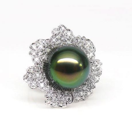 Anello Petali - Oro Bianco, Diamanti e Perla di Tahiti