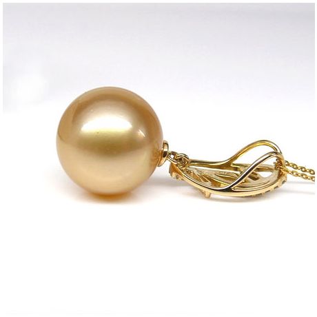 Ciondolo Feuilles d'Or - Oro Giallo, Diamanti & Perla dei Mari del Sud Dorata