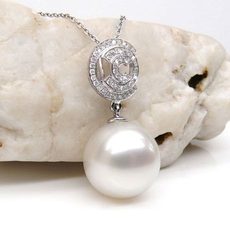 Ciondolo oro bianco, diamanti - Perla Australiana bianca - 13/14mm