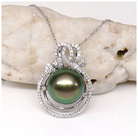 Ciondolo 3 Coeurs - Oro Bianco, Diamanti e Perla di Tahiti