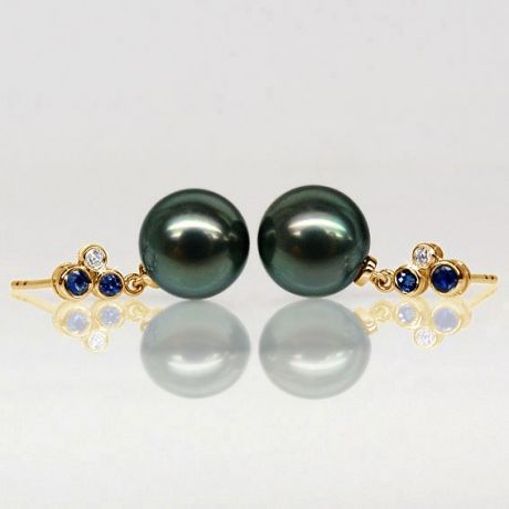 Orecchini Venceslas - Perle Tahiti, Oro Giallo, Zaffiri e Diamanti