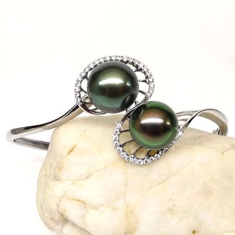 Braccialetto Giunco Maria - Oro Bianco, Perle Tahiti