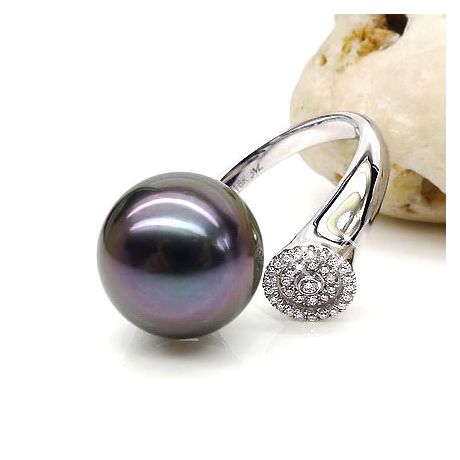 Anello Malouines - Oro Bianco, Diamanti e Perla di Tahiti
