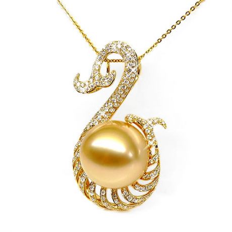 Ciondolo oro giallo, diamanti - Perla d'Australia dorata - 12/13mm