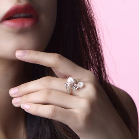 Anello Toi et Moi Perla Akoya Japon. Fiori, Zaffiri rosa