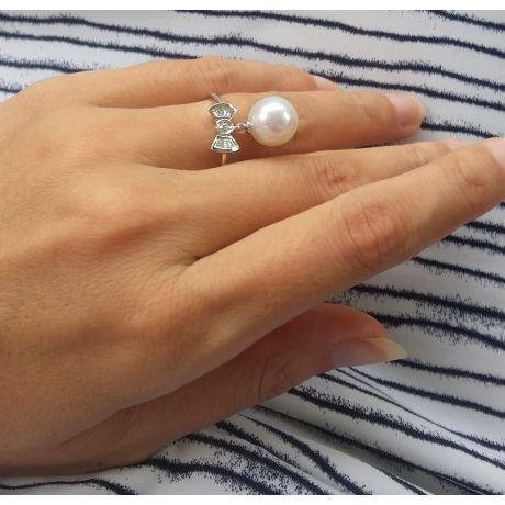 Anello Nodo Farfalla - Oro Bianco 18kt, Diamanti e Perla d'Acqua Dolce