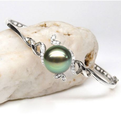 Braccialetto Giunco Apan - Oro Bianco, Perla di Tahiti Nera