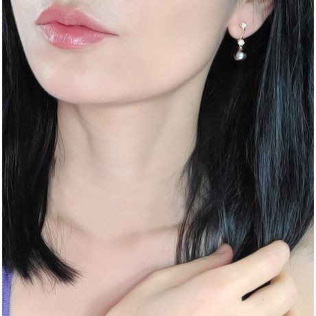 Orecchini Pendenti Zante - Perle di Tahiti Nere, Oro Giallo