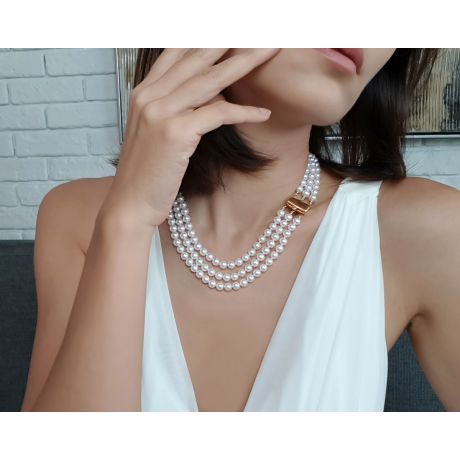 Collana Akina - Tre Fili di Perle Akoya Bianche - 6.5/7mm, AAA