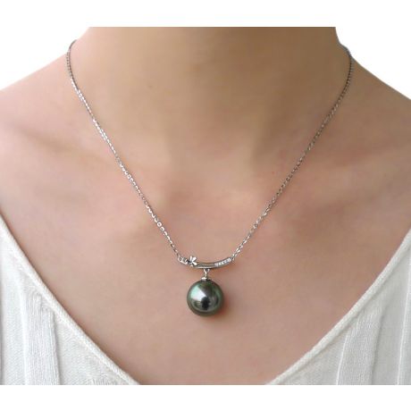Ciondolo oro bianco fiore diamante - Perla di Tahiti verte