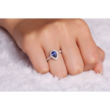 Anello Solitario Composto Jaffna - Oro Bianco, Diamanti & Zaffiro Pera