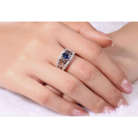 Solitario Composto Hiruni - Oro Bianco, Diamanti & Zaffiro Ovale