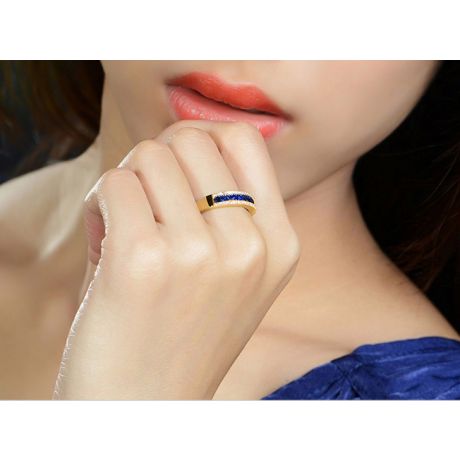 Anello Luce Blu - Oro Giallo, Riviera di Zaffiri Princess a Binario & Diamanti