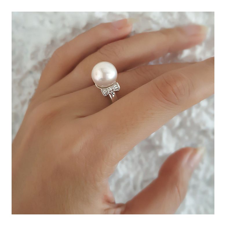 Anello Nodo Farfalla - Oro Bianco, Perla d'Acqua Dolce Bianca - 5