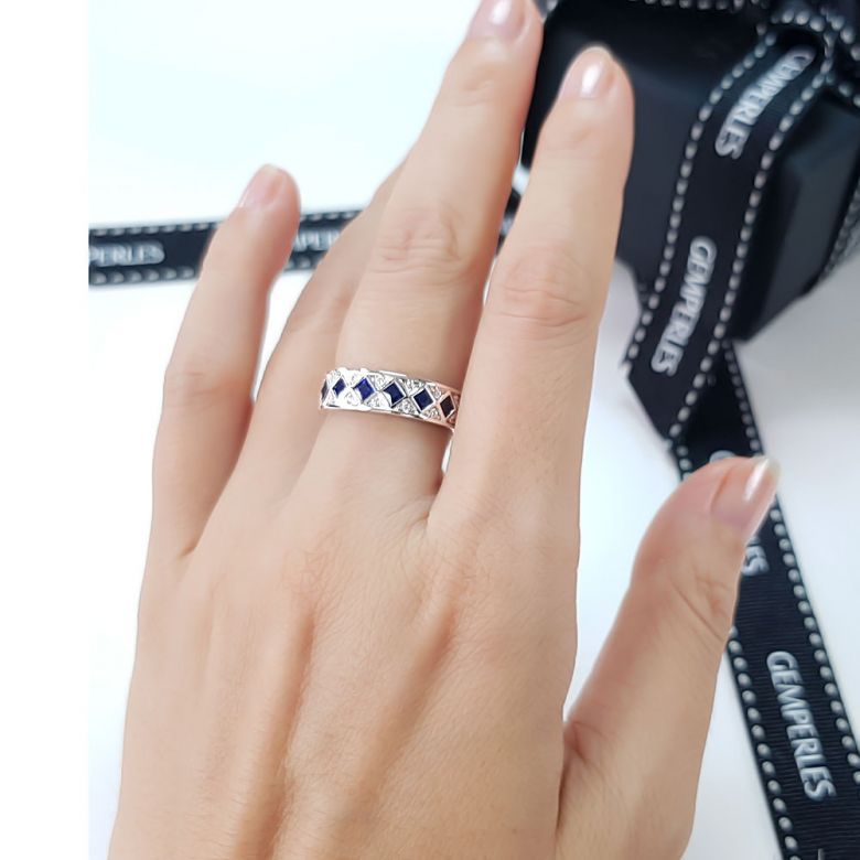 Anello Dama Di Quadri - Oro Bianco, Mezzo Giro di Zaffiri & Diamanti - 8