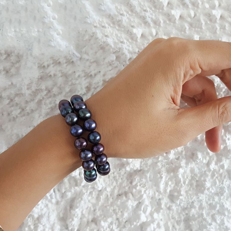 Braccialetto A Due Fili Cavazza  - Perle d'Acqua Dolce Nere - 7/7.5mm, AAA - 4