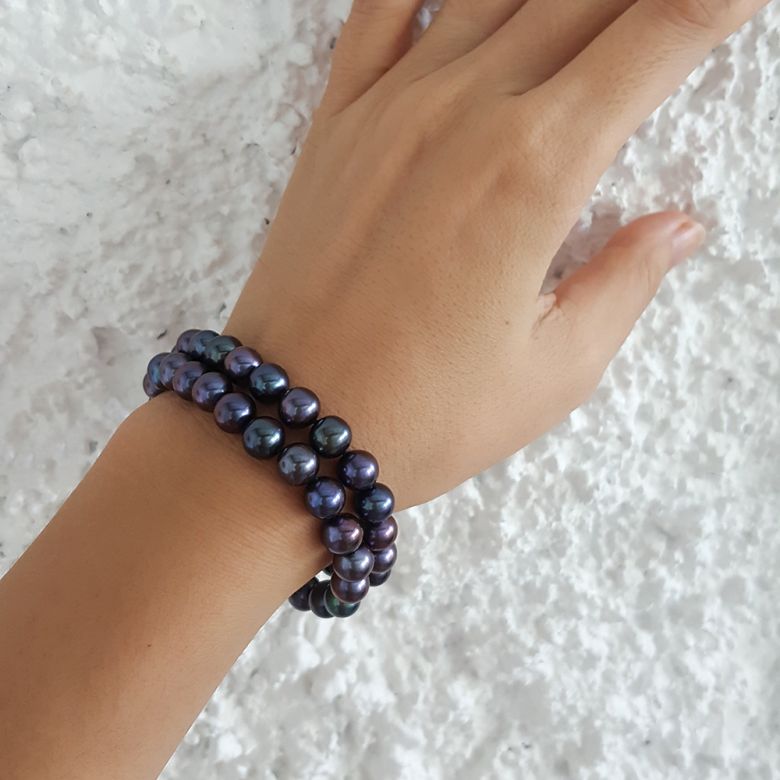 Braccialetto A Due Fili Cavazza  - Perle d'Acqua Dolce Nere - 7/7.5mm, AAA - 6