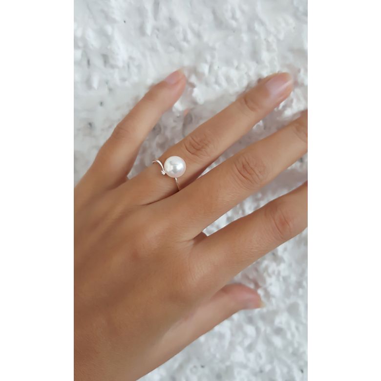 Anello Ayame - Oro Bianco, Diamanti e Perla Akoya - 4