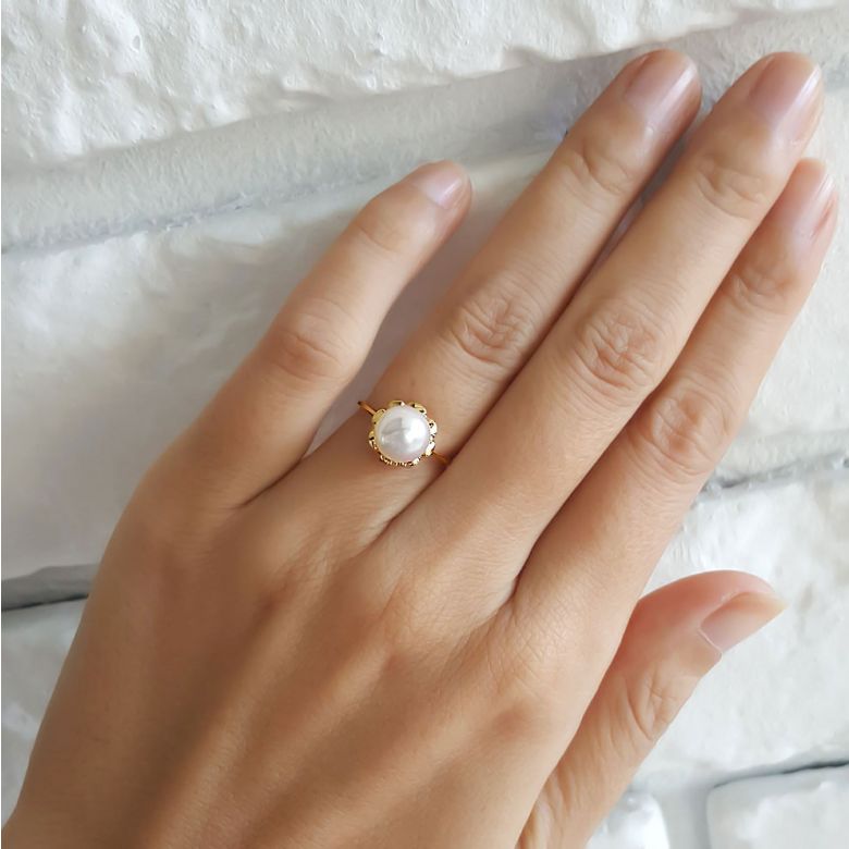 Anello Fiore - Oro Giallo e Perla Akoya - 2