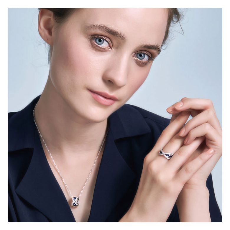 Anello Sens - Oro Bianco, Riviera di Zaffiri Princess a Binario & Diamanti - 8