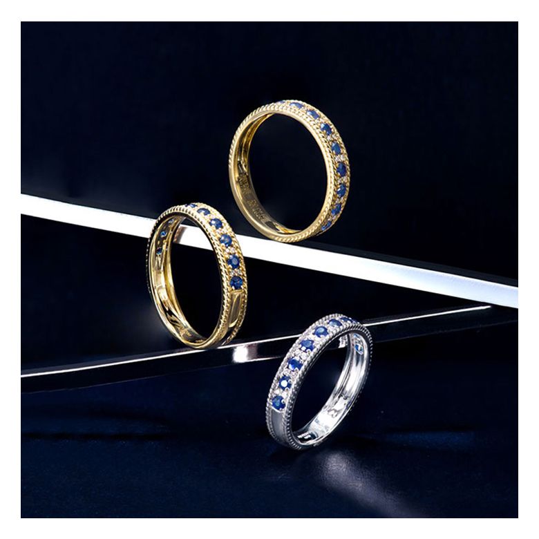 Anello Veretta Tempietto - Oro Bianco, Mezzo Giro di Zaffiri & Diamanti - 7