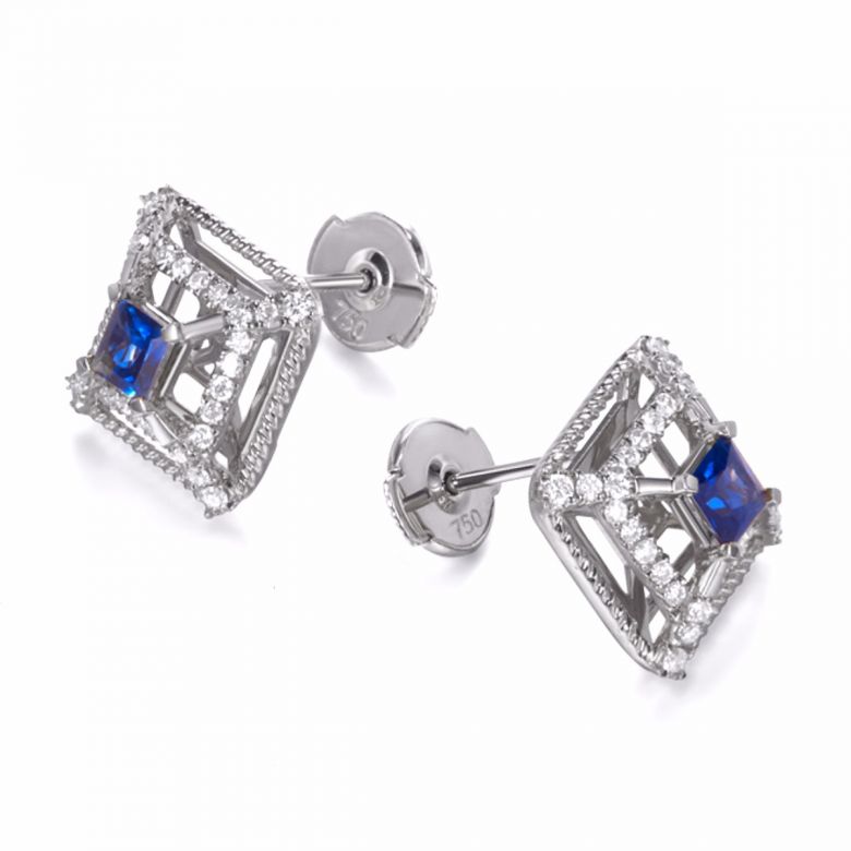 Orecchini A Lobo Quadro - Oro Bianco, Diamanti & Zaffiri - 4