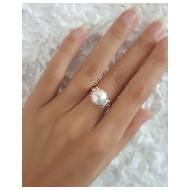 Anello Nodo Farfalla - Oro Bianco, Perla d'Acqua Dolce Bianca - 2