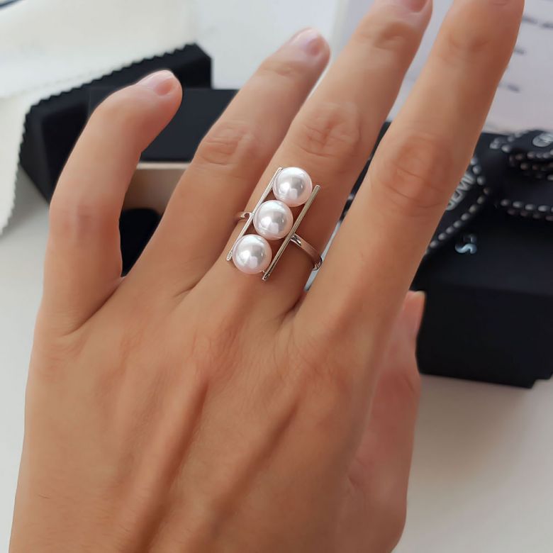 Anello Takana - Oro Bianco, 3 Perle Akoya - 13
