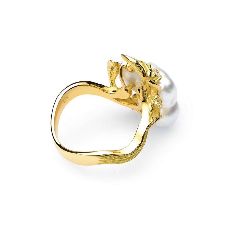 Anello Fiore Segreto 2 - Perle dei Mari del Sud Bianche e Oro Giallo - 3
