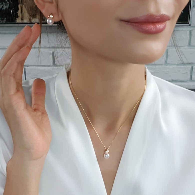 Ciondolo e Orecchini Tsuguka - Parure Oro Giallo & Perle Akoya - 10